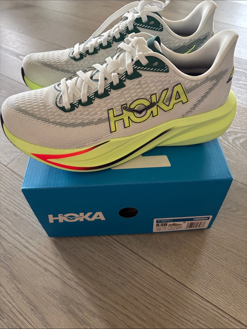 HOKA Mach 7 women Shoes in White with Neon Yellow Accents 8.5